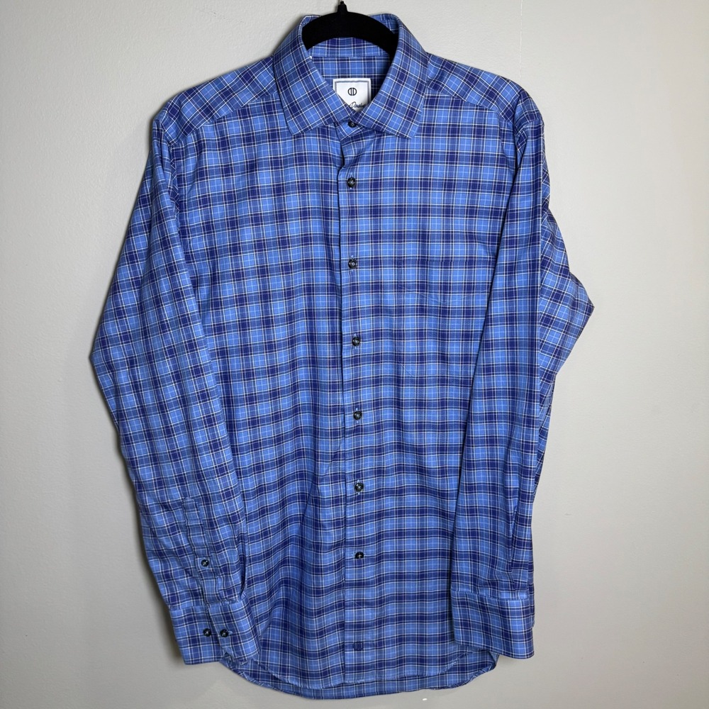 David Donahue Mens Blue Plaid Cotton Long Sleeve Button Down Shirt Size Medium